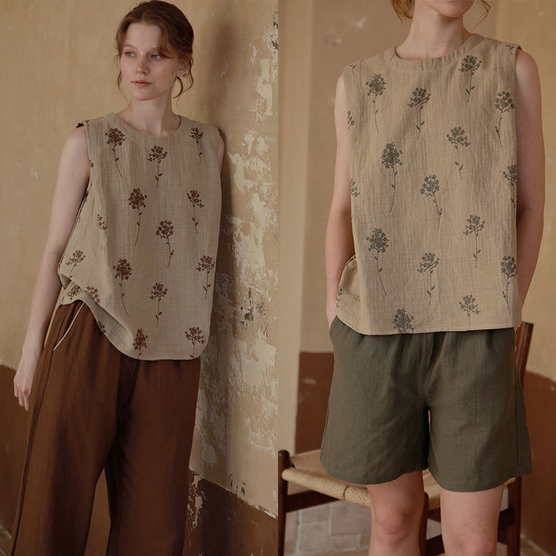 女士全棉色織提花雙層紗布國風無袖睡衣