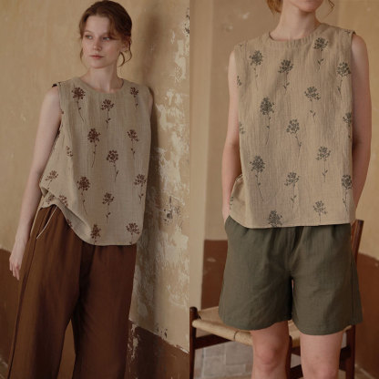 女士全棉色織提花雙層紗布國風無袖睡衣