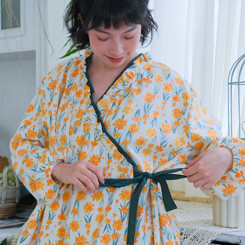 女士親膚磨毛碎花長袖交襟睡衣