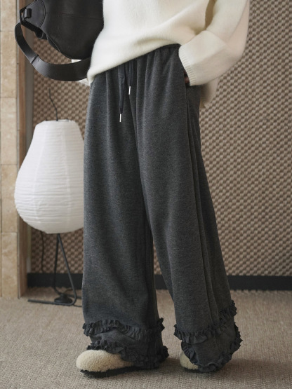 女士冬季高腰荷葉邊休閒褲