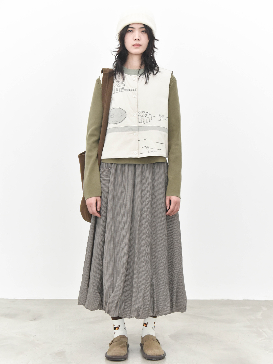 女士秋冬童趣農場刺繡圓領夾棉馬甲