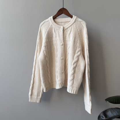 女士秋冬圓領包扣麻花毛衣開衫