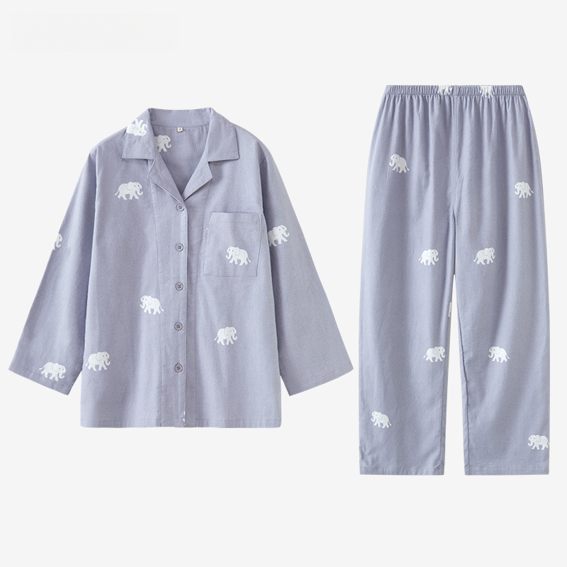 女士春秋純棉磨毛大象翻領長袖長褲居家服