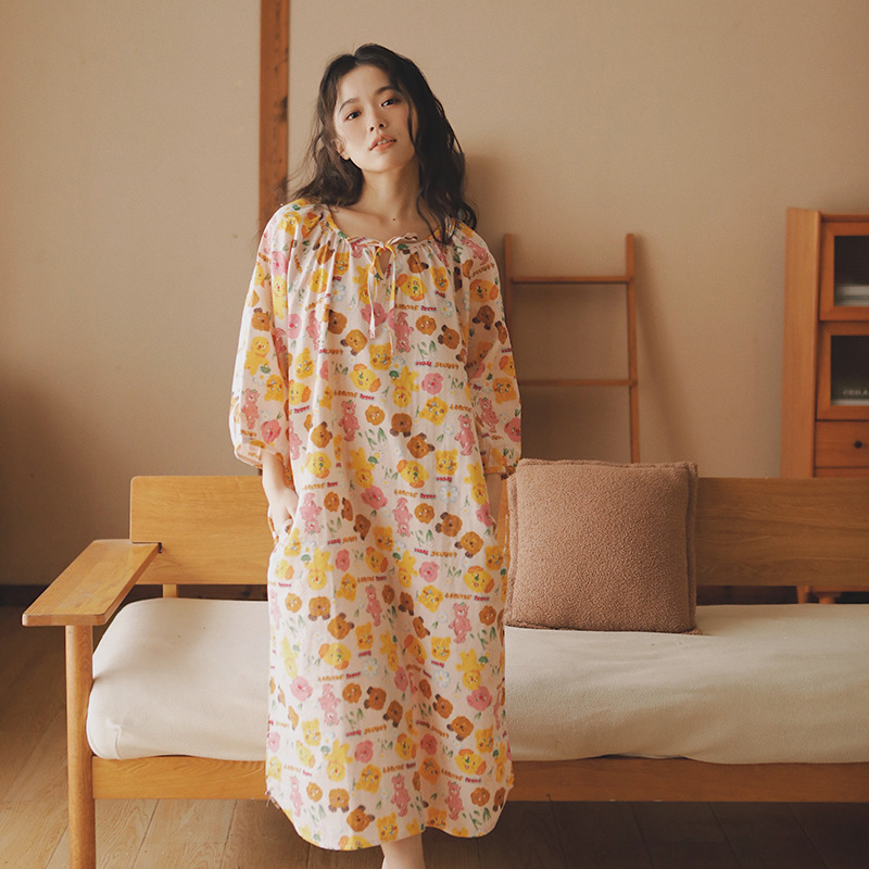 女款法式夏季七分袖純紗布可愛多睡裙