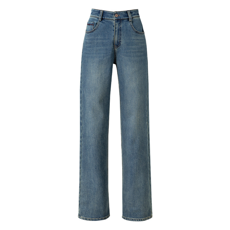 女士冬季加絨高腰直筒牛仔褲