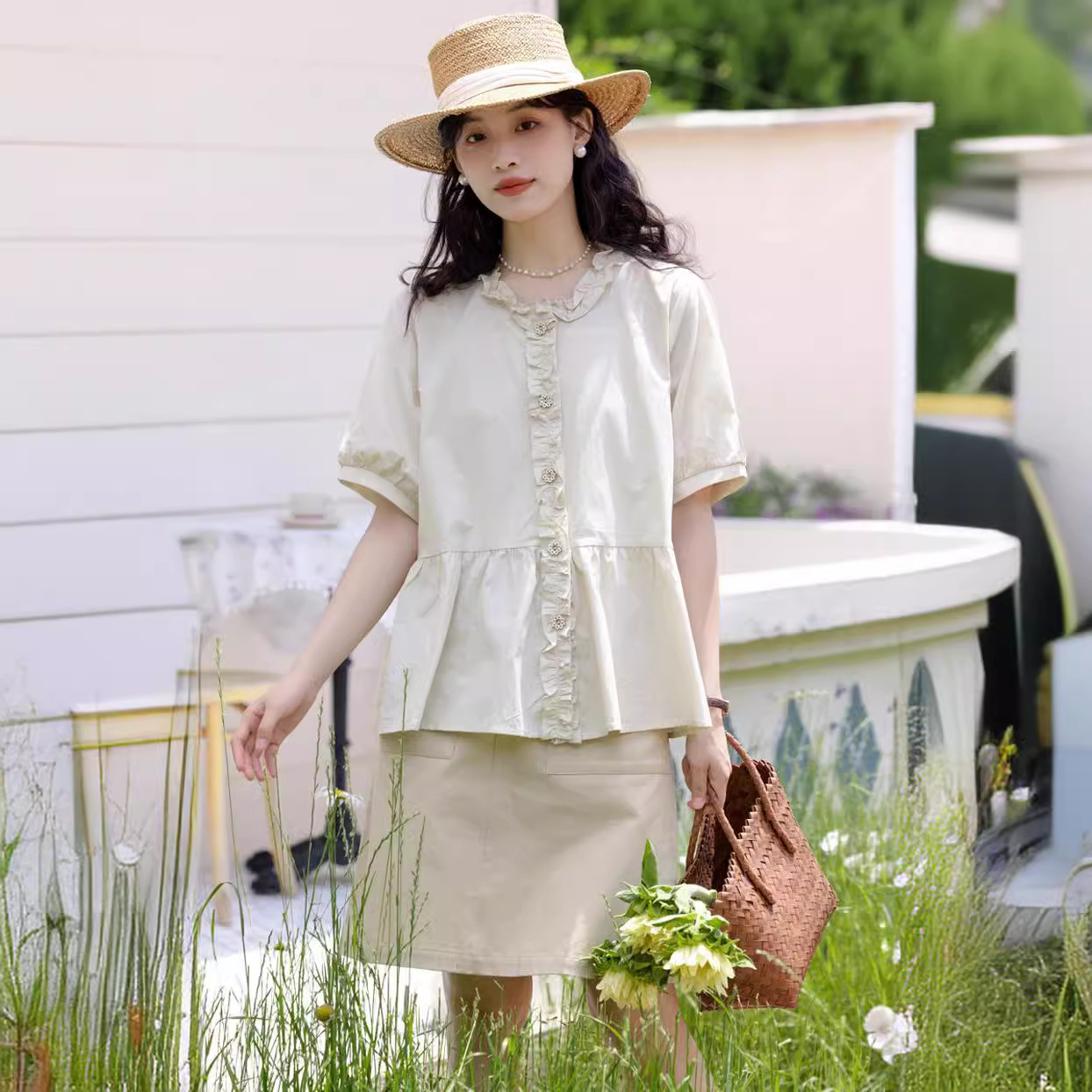 夏拼接木耳邊圓領短袖襯衣