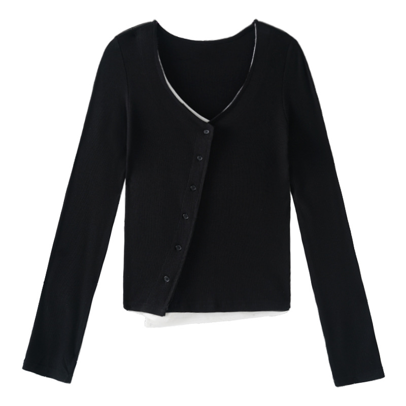 女士秋冬暗黑假兩件V領顯瘦針織長袖T恤