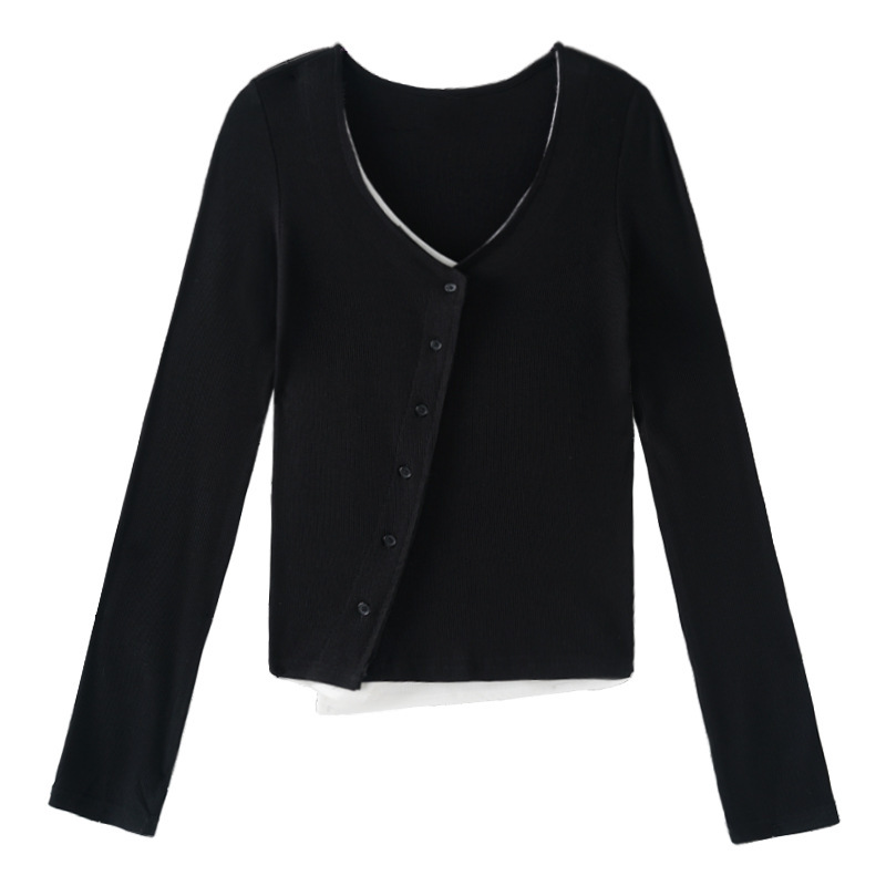 女士秋冬暗黑假兩件V領顯瘦針織長袖T恤