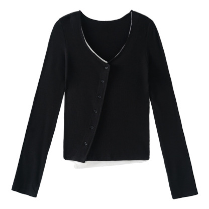 女士秋冬暗黑假兩件V領顯瘦針織長袖T恤