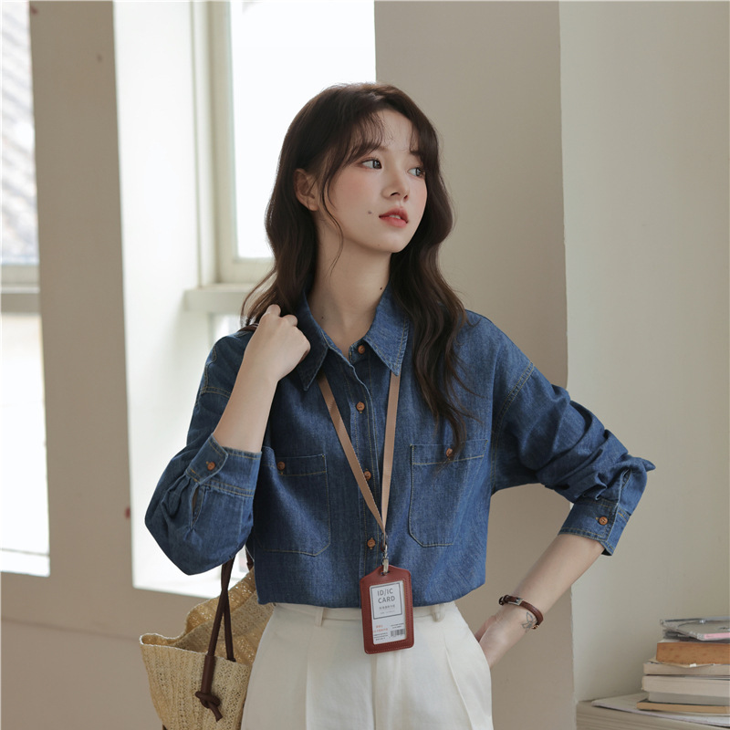 女士秋季日系V領單排扣針織馬甲+牛仔長袖襯衫