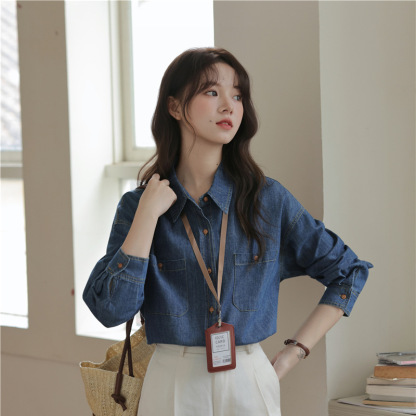 女士秋季日系V領單排扣針織馬甲+牛仔長袖襯衫