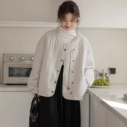 女士秋冬雙排扣小個子圓領棉衣外套