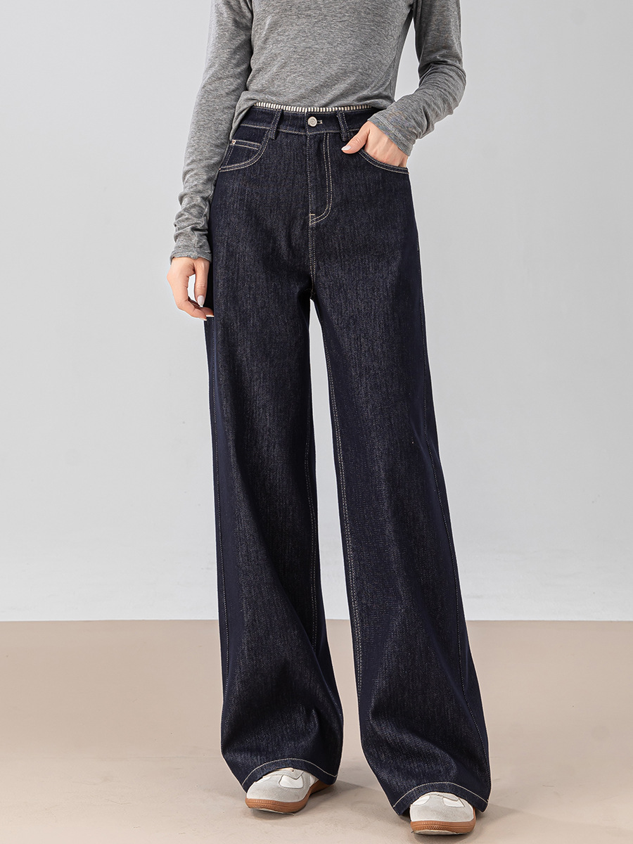 女士春秋條紋翻邊高腰拖地牛仔褲