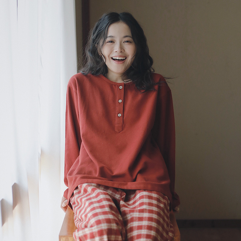 女士春秋純棉磨毛紅色圓領長袖長褲居家服