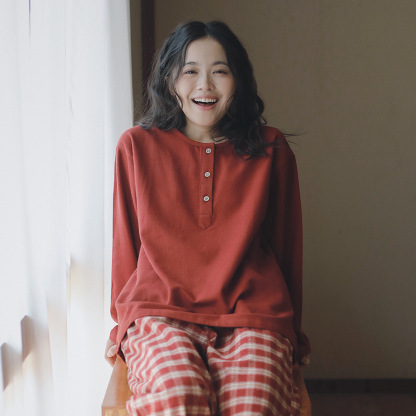 女士春秋純棉磨毛紅色圓領長袖長褲居家服