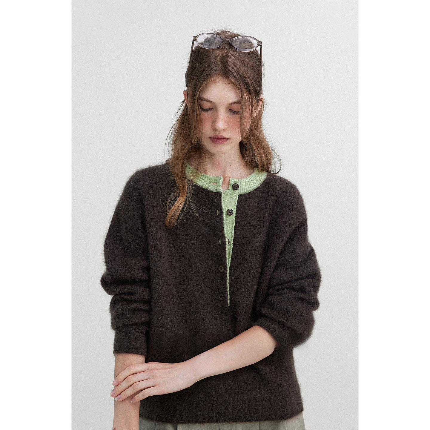 女士復古羊毛絨半開門襟毛衣