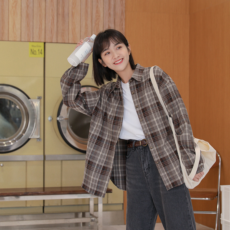 女士秋季韓版休閒格紋長袖襯衫