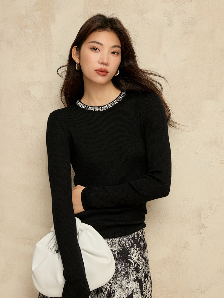 女士釘珠正肩純羊毛針織衫