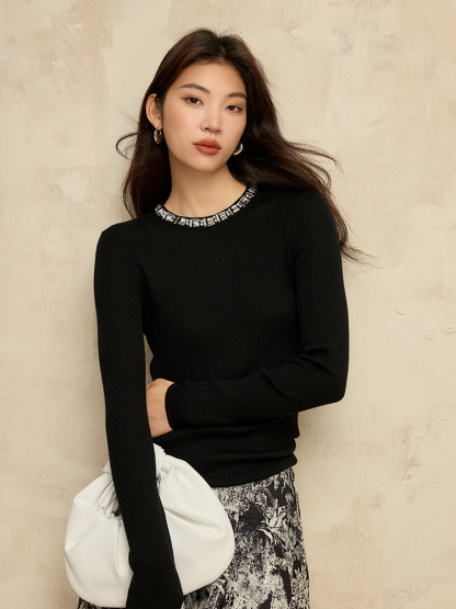 女士釘珠正肩純羊毛針織衫