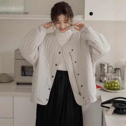 女士秋冬雙排扣小個子圓領棉衣外套