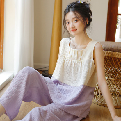 女款夏季壓褶方領無袖長褲家居服