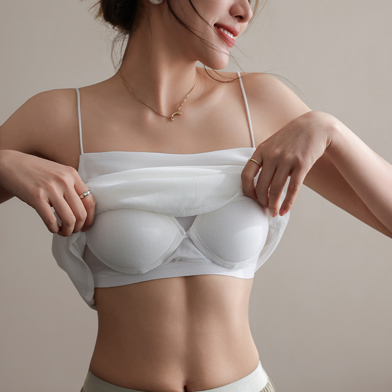 夏季冰絲雪紡一體式罩杯吊帶