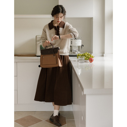 女士秋冬撞色POLO領羊駝絨毛衣