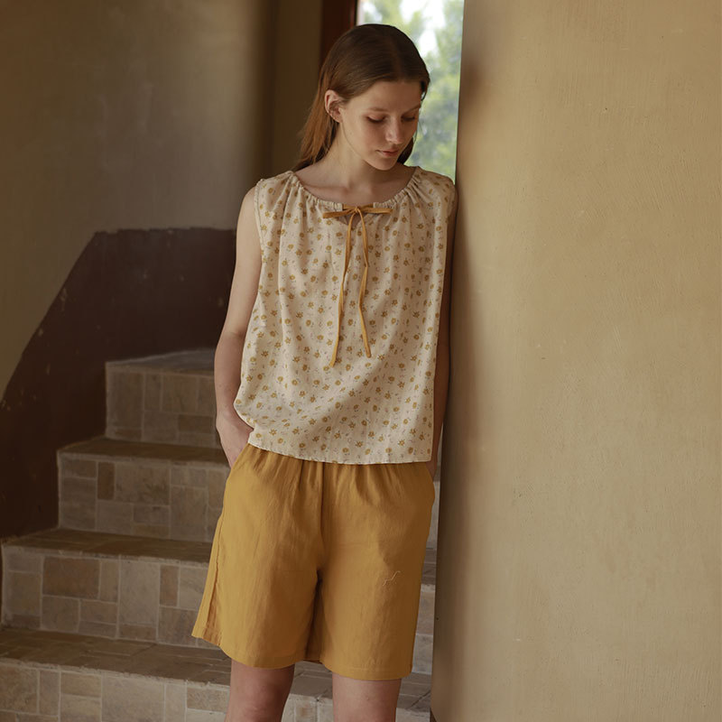 女夏舒適蝴蝶結無袖撞色印花居家套裝