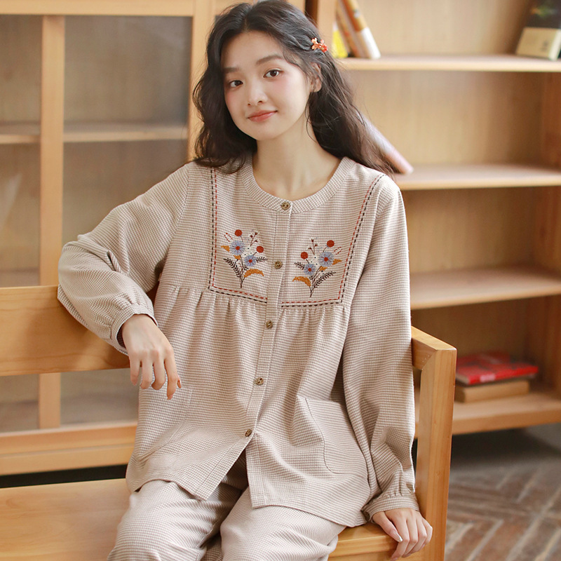 女士秋季純棉磨毛刺繡圓領長袖長褲居家服