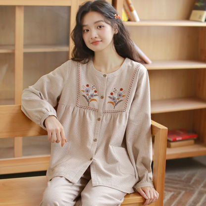 女士秋季純棉磨毛刺繡圓領長袖長褲居家服