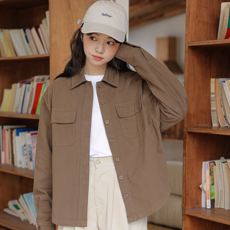 女士春秋季學院風港味水洗工裝牛仔外套