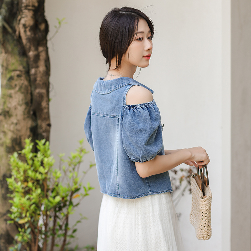 女夏露肩V領牛仔泡泡短袖襯衫