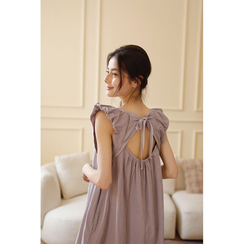 女士夏季後背蝴蝶結綁帶鏤空無袖睡裙