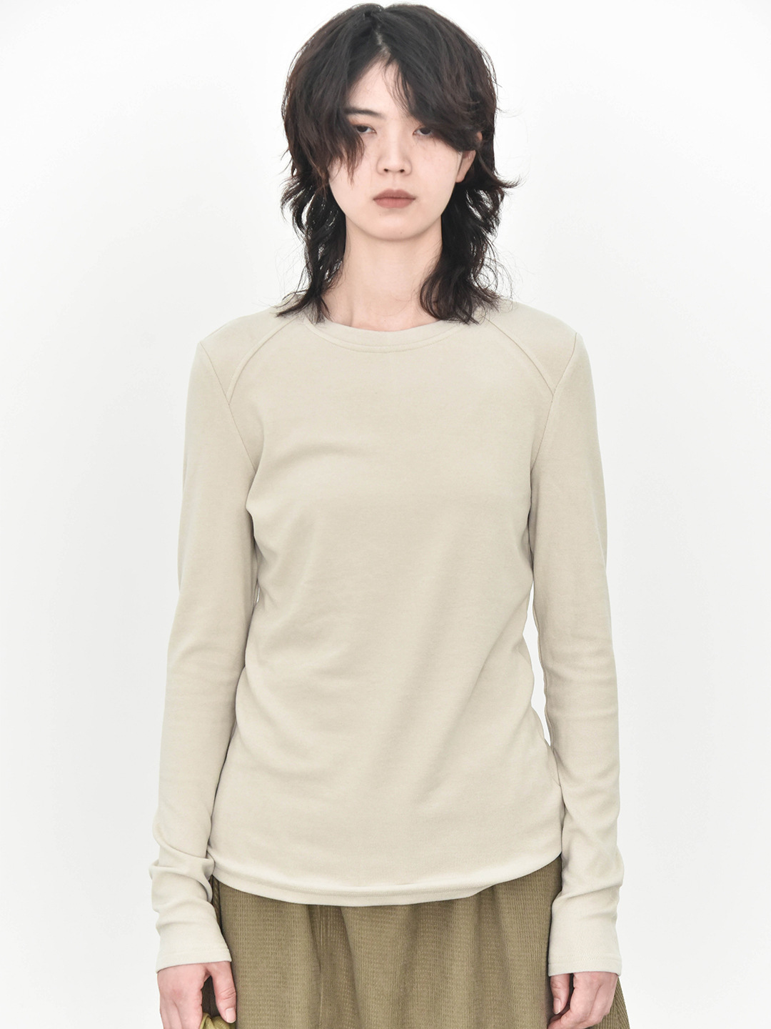 女士春秋軟糯幾件圓領拼縫插肩打底衫