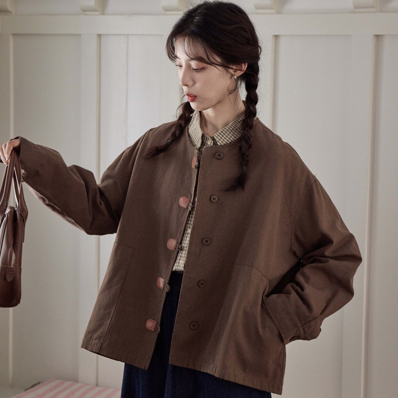 女士秋季日系復古盤口圓領外套
