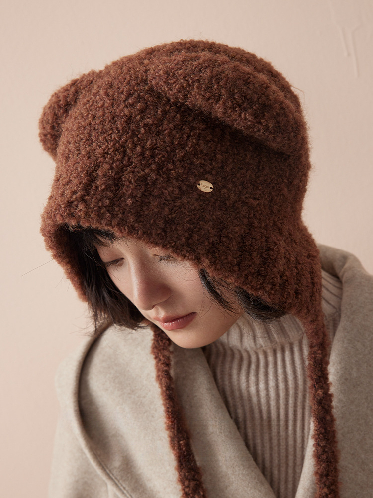 羊毛圈圈紗護耳小熊帽子