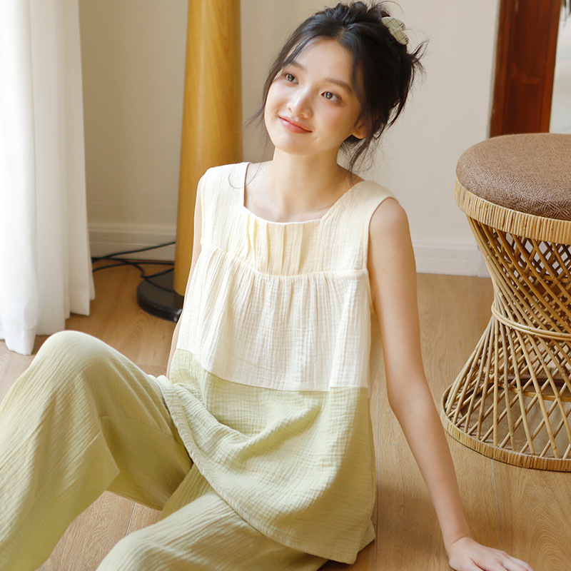 女款夏季壓褶方領無袖長褲家居服