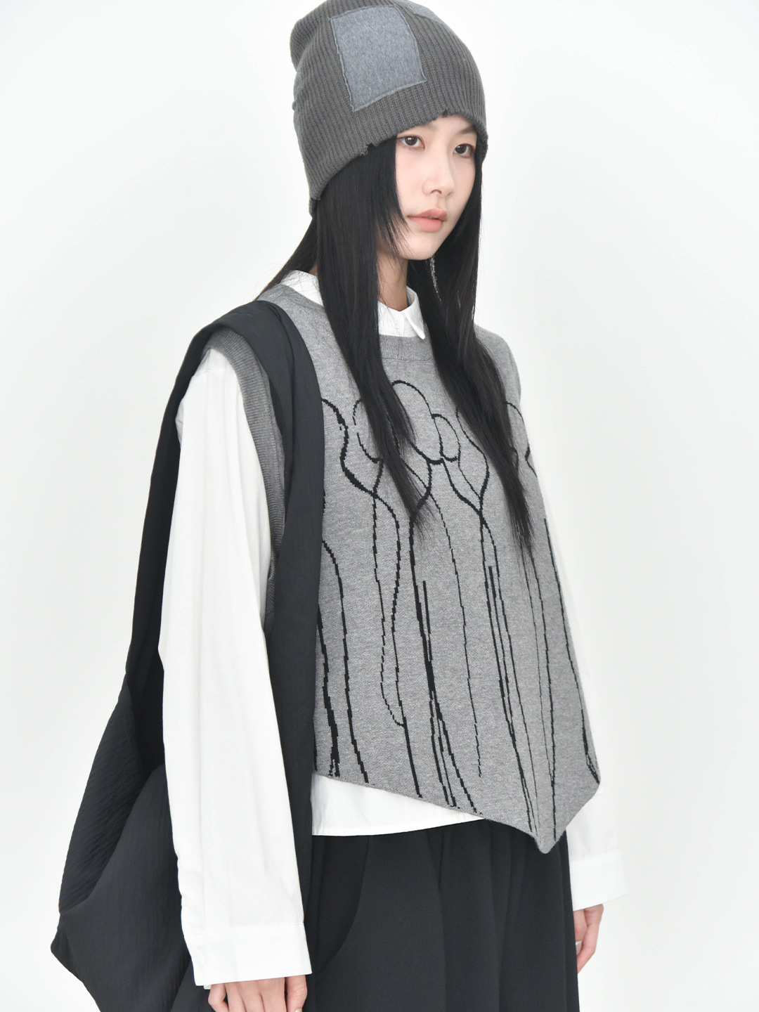 女士秋冬撞色提花尖角圓領針織馬甲