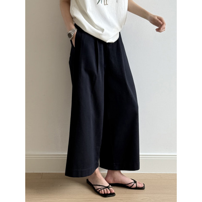 女士水洗棉含腰帶直筒闊腿褲