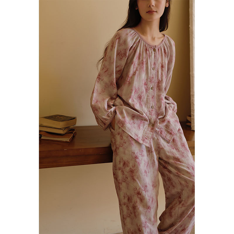 女款棉紗紫影印花長袖長褲睡衣套裝
