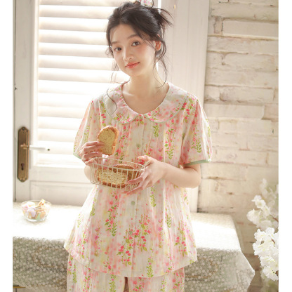 女款夏季娃娃領粉色短袖中褲家居服