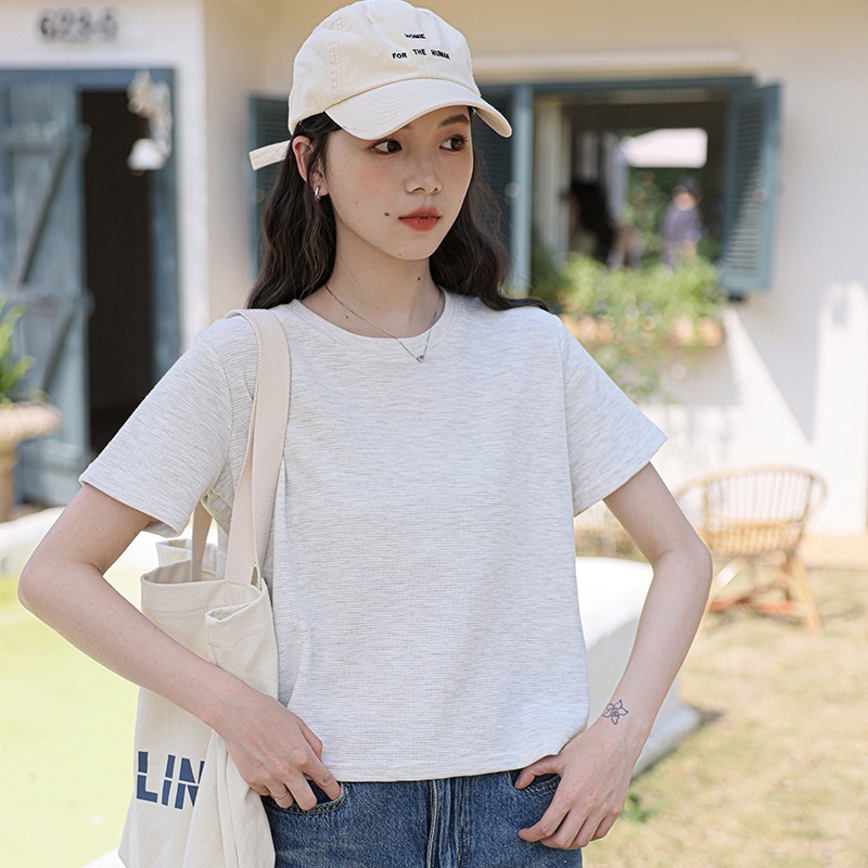 女夏短款圓領肌理感短袖T恤