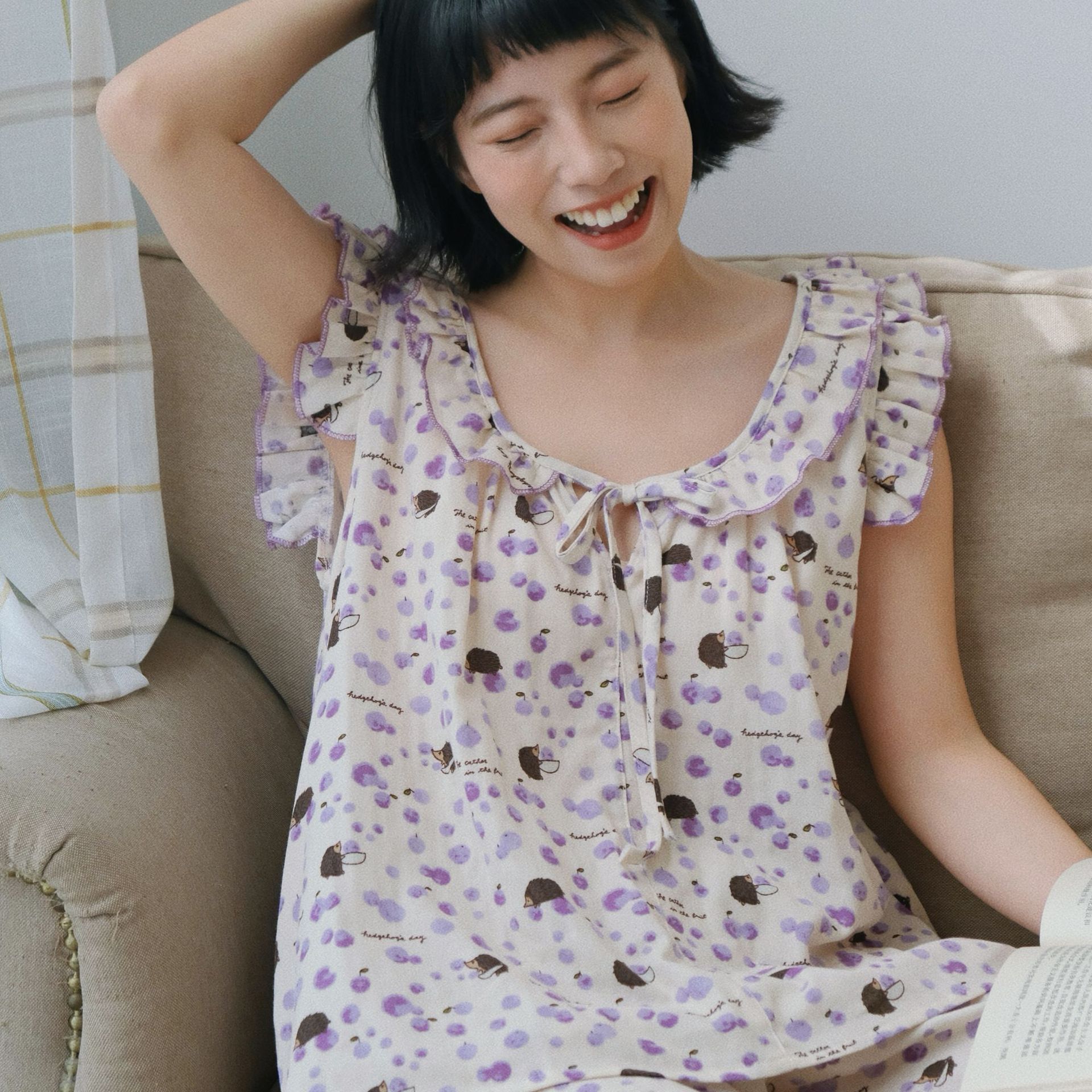女士刺蝟純棉薄款花邊背心套裝睡衣