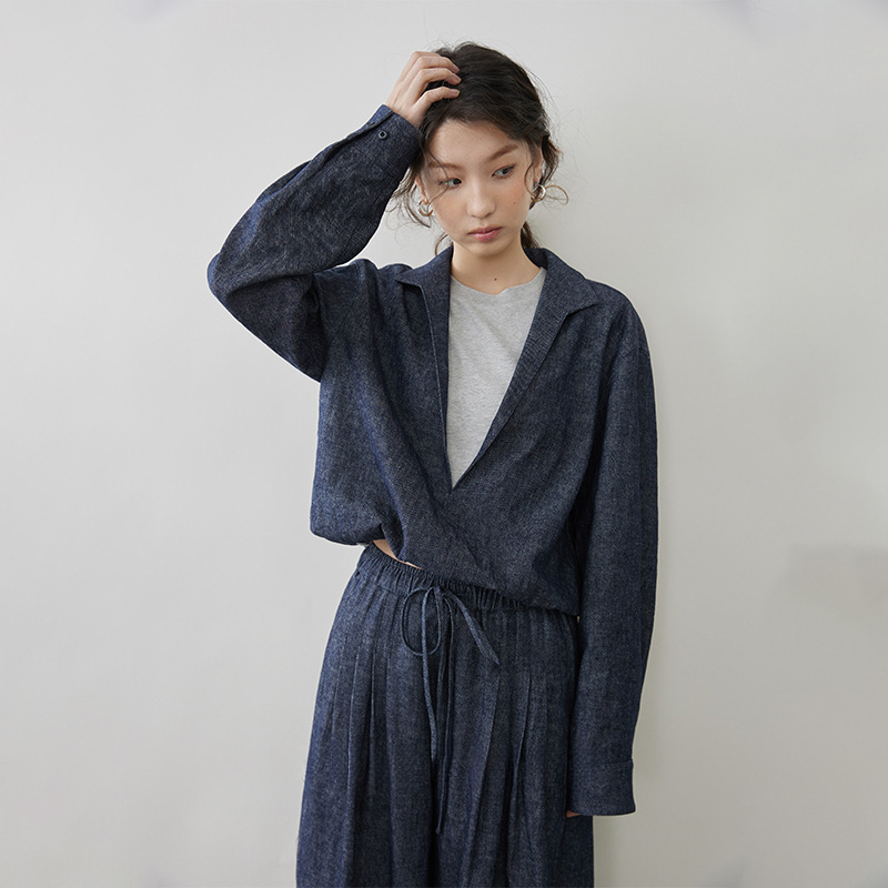 女士春秋亞麻棉牛仔假兩件套裝