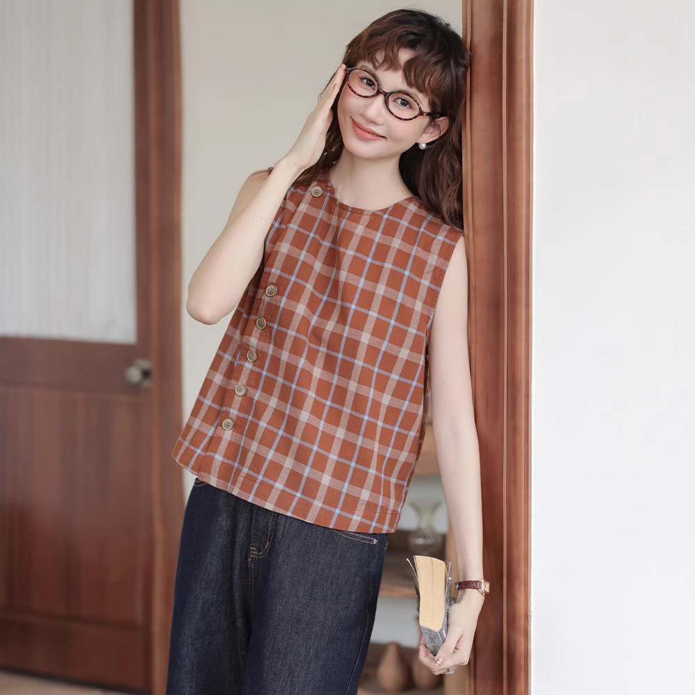 女夏復古格子無袖襯衫