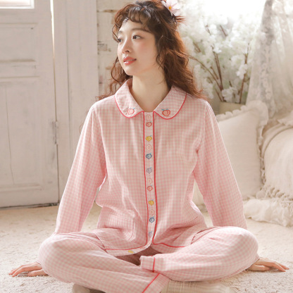 女士紗布長袖套裝簡約格子