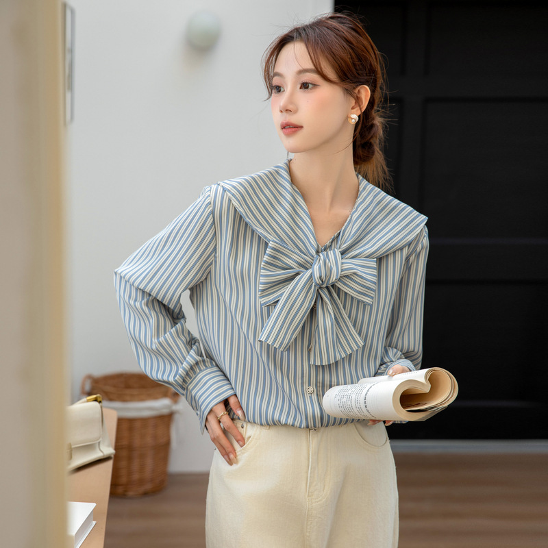 女士春秋海軍領蝴蝶結條紋長袖襯衫