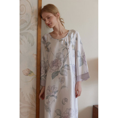 中國風復古斜襟扣天絲印花長袖睡裙