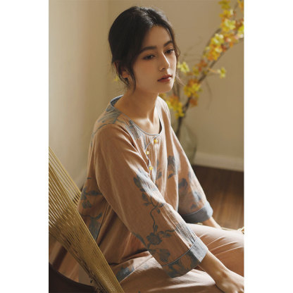 女士古風玉蘭花印花長袖圓領居家服套裝