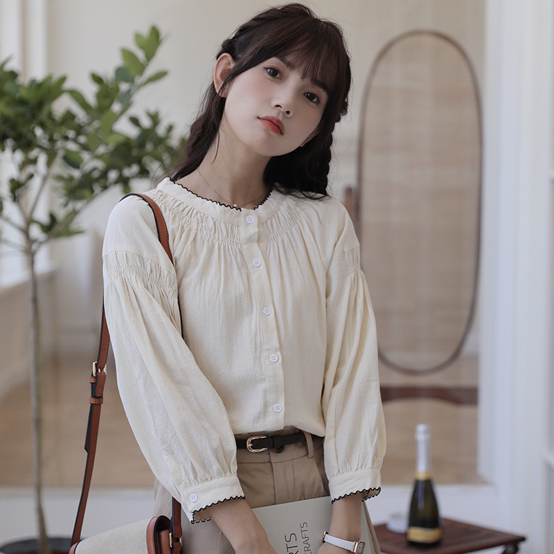 女士春季拼色別緻褶皺圓領長袖襯衫